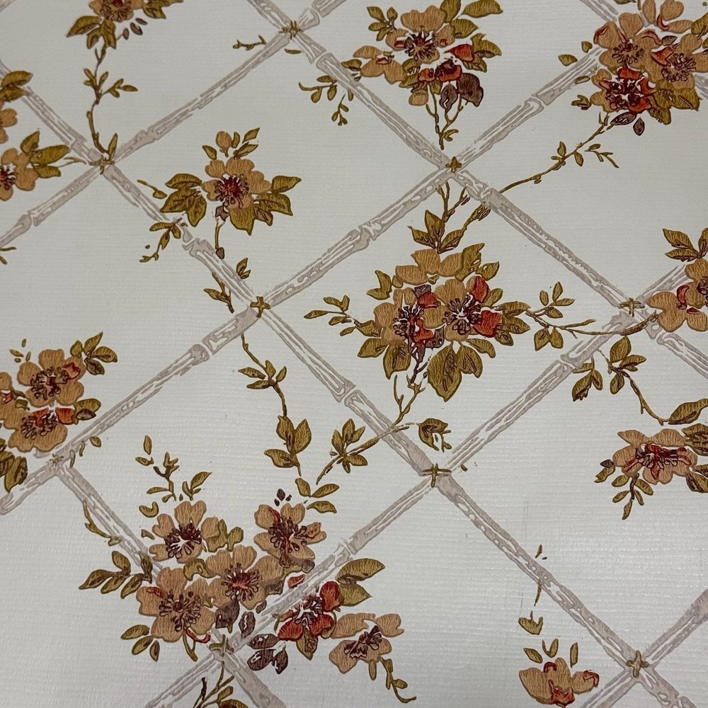 Vintage Floral Lattice Wallpaper Roll Cream Brown Cottagecore 1970s Decor